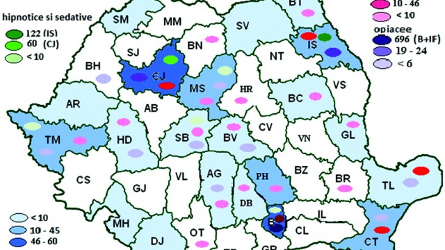 Distribuţia teritorială a admiterilor la tratament în 2012 în funcţie de tipul drogului principal şi judeţul unde s-a acordat asistenţă (n.r.) HIV