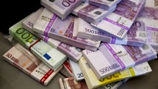 Money seized by German customs agency Zoll during anti-money laundering operation is displayed before agency's annual statistics news conference in Berlin