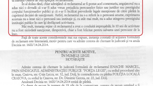 Instanța a reținut că polițistul nu a adus atingere instituției în care lucrează