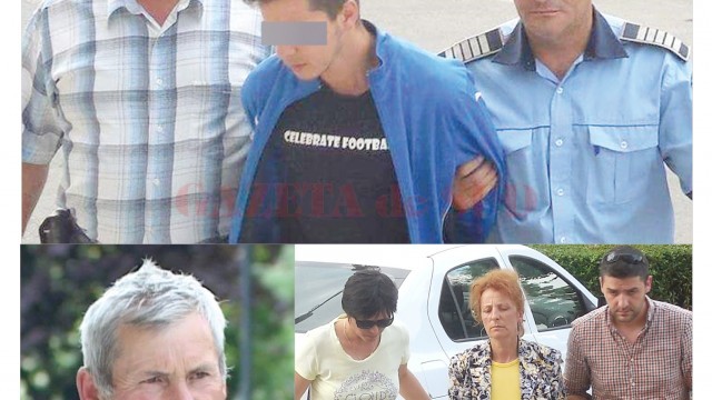 Tânărul şi mama sa (dreapta jos) au fost reţinuţi sub acuzaţia de omor, dar magistraţii au decis ca doar băiatul să fie arestat preventiv pentru 30 de zile. Tatăl băiatului (stânga jos) se despărţise de mama acestuia şi venise din Petroşani în comuna Scoarţa din judeţul Gorj unde trăia împreună cu femeia ucisă. (Foto: Eugen Măruţă)