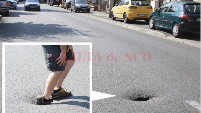Asfaltul de pe strada Caracal, turnat recent din fonduri europene, începe deja să cedeze (Foto: Valentin Tudor)