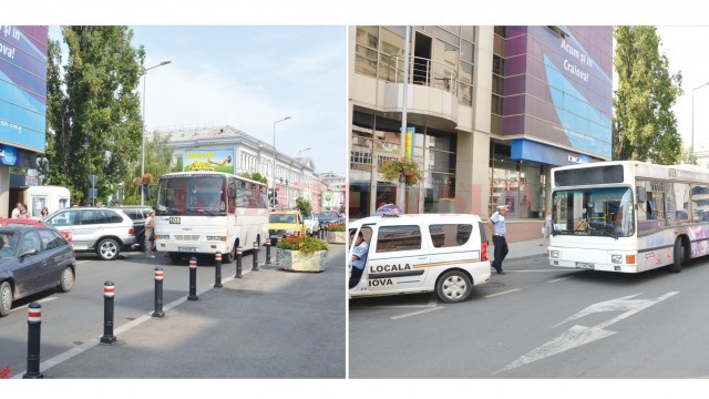 Strada Arieş din Craiova, în două momente ale zilei de ieri: în stânga, cozi interminabile în spatele autobuzului obligat să oprească în stradă din cauza autoturismelor parcate în bătaie de joc; în dreapta, prezenţa Poliţiei Locale i-a pus pe fugă pe şoferii certaţi cu legea. (Foto: Lucian Anghel)