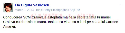 Lia Olguța Vasilescu a cerut pe facebook demisia conducerii SCM Craiova, dar și a antrenoarei Carmen Amariei