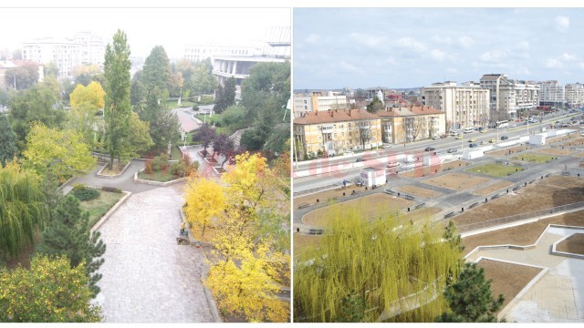Parcul de la teatru, înainte şi după construirea parcarii subterane
