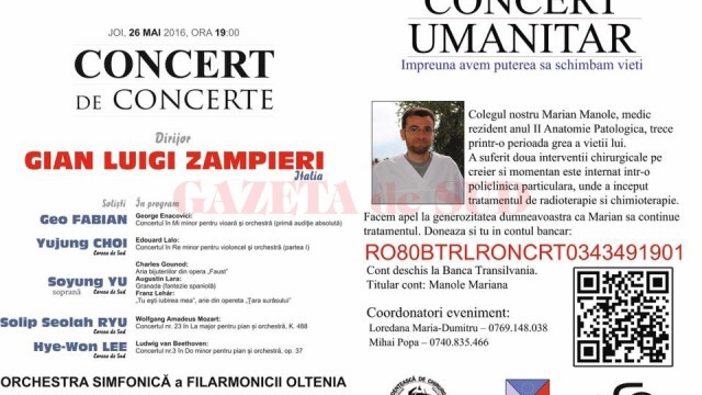 Joi, la Filarmonica Oltenia, ora 19.00, o să aibă loc un concert umanitar pentru Marian