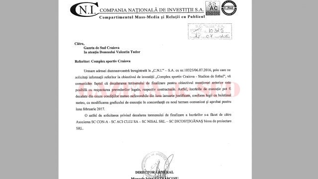 Răspuns CNI decalare termen finalizare Stadion „Oblemenco“