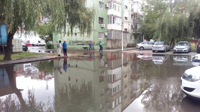 Parcarea din cartierul 1 Mai care s-a transformat în baltă, din cauza gurii de canal înfundate