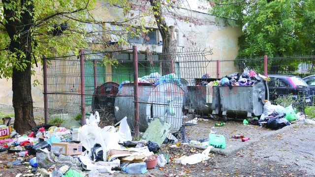 În așteptarea SC Salubritate, craiovenii au îndesat până la refuz gunoiul în tomberoane (Foto: Lucian Anghel)