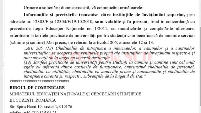 Răspunsul Ministerului Educației către GdS, în care menționează faptul că rămân valabile adresele din 2010 transmise către universități, potrivit cărora taxele suplimentare față de taxa lunară de cazare în căminele studențești nu au temei legal