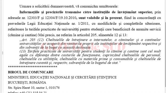 Răspunsul Ministerului Educației către GdS, în care menționează faptul că rămân valabile adresele din 2010 transmise către universități, potrivit cărora taxele suplimentare  față de taxa lunară de cazare în căminele studențești nu au temei legal