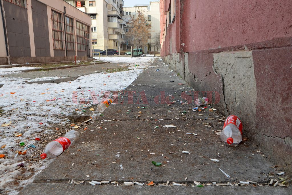 În spatele Căminului studențesc nr. 10, din cartierul Lăpuș-Argeș se strâng tot timpul gunoaie, pentru că unii studenți preferă să le arunce pe geam, în loc să le ducă la tomberon (Foto: Bogdan Grosu)