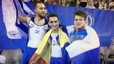 Marian Drăgulescu (în centru) a cucerit aurul european la sol