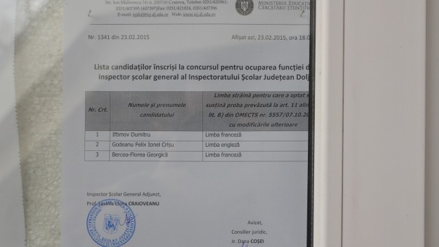 Lista cu cei trei candidaţi înscrişi pentru postul de inspector general la ISJ Dolj 