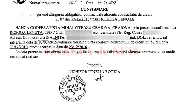 Documentul arată că Lenuța Roșoga și-a achitat obligațiile față de bancă. Instituția de credit mai are să îi restituie femeii garanția care i-a fost reținută, dar banca se folosește de banii acesteia timp de doi ani.