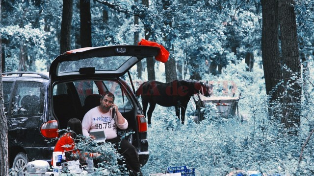 Un bărbat și fiica lui stau în portbagajul mașinii, în timp ce, în fundal, un cal mănâncă fân dintr-o căruță