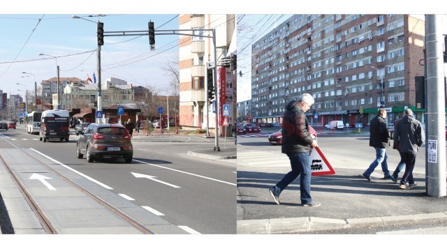 O singură stradă, Calea Bucureşti, două anomalii: săgeată pentru direcţie înainte pe linia de tramvai şi indicator „Atenţie trece trenul“ în centrul Craiovei. Ultimul a fost îndepărtat de primărie (Foto: GdS)