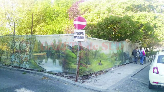 În locul gardului căzut, marți a fost pus un banner care să mascheze „jungla“ din spatele Muzeului de Artă (FOTO: Marian Apipie)