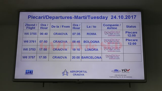 Pancarta cu afișaj din zona de plecări a aeroportului din Craiova afișa întârzieri de patru-cinci ore ale zborurilor spre Bologna și Roma
