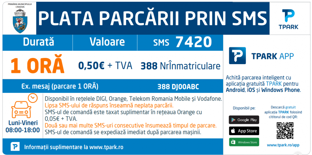 Se extinde parcarea cu plată prin SMS, în centrul Craiovei