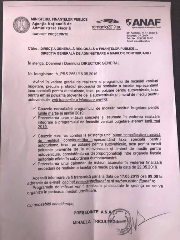 Adresa prin care fostul preşedinte al ANAF cerea în teritoriu explicaţii pentru nerealizarea programului de încasări în martie şi aprilie şi soluţii pentru încasarea veniturilor bugetare în mai 