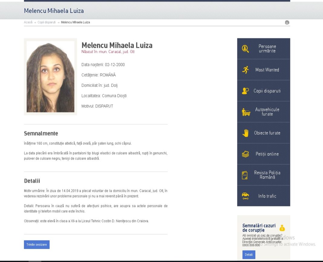 Ultima persoană dispărută din judeţul Dolj, potrivit Poliţiei Române, este Mihela Melencu