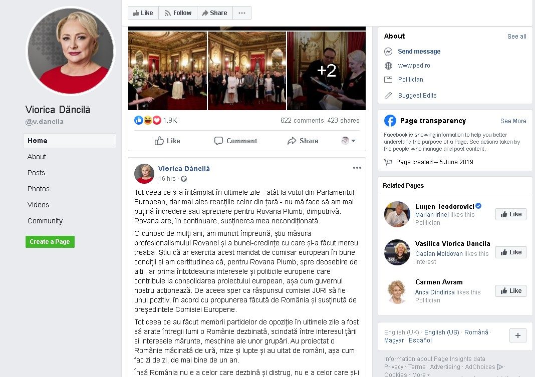 Premierul Viorica Dăncilă a anunțat sâmbătă că nu renunță la propunerea Rovanei Plumb pentru postul de comisar european