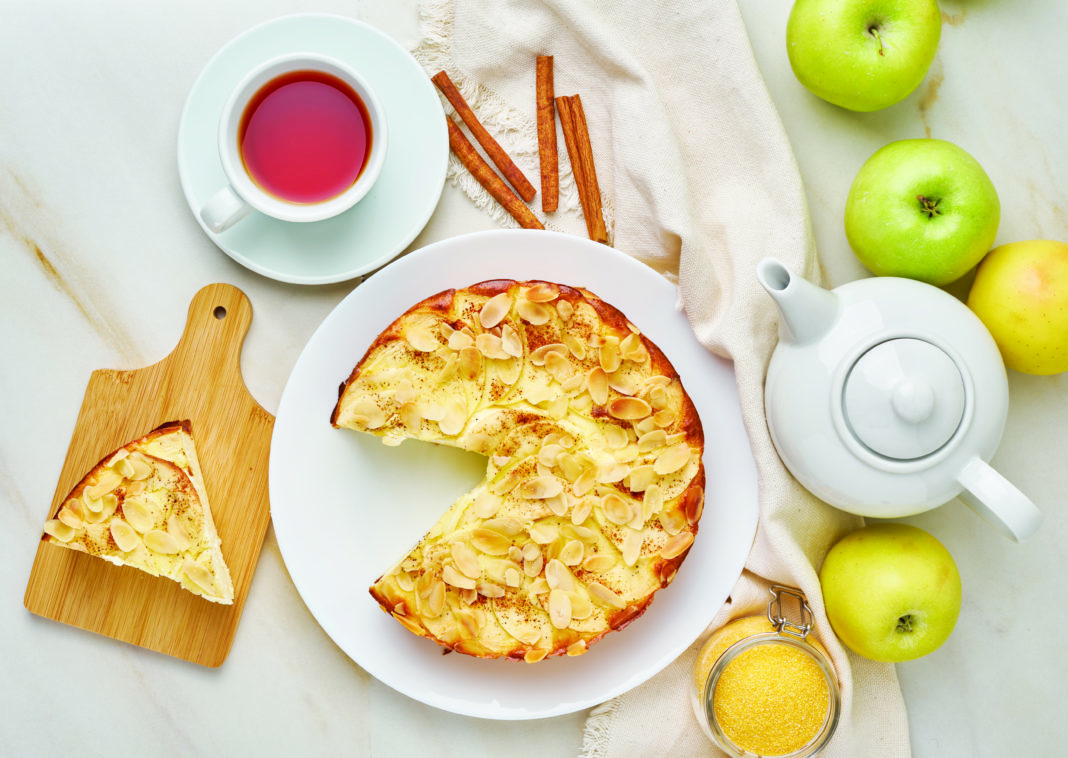 Cheesecake, apple pie, curd dessert with polenta, apples, almond