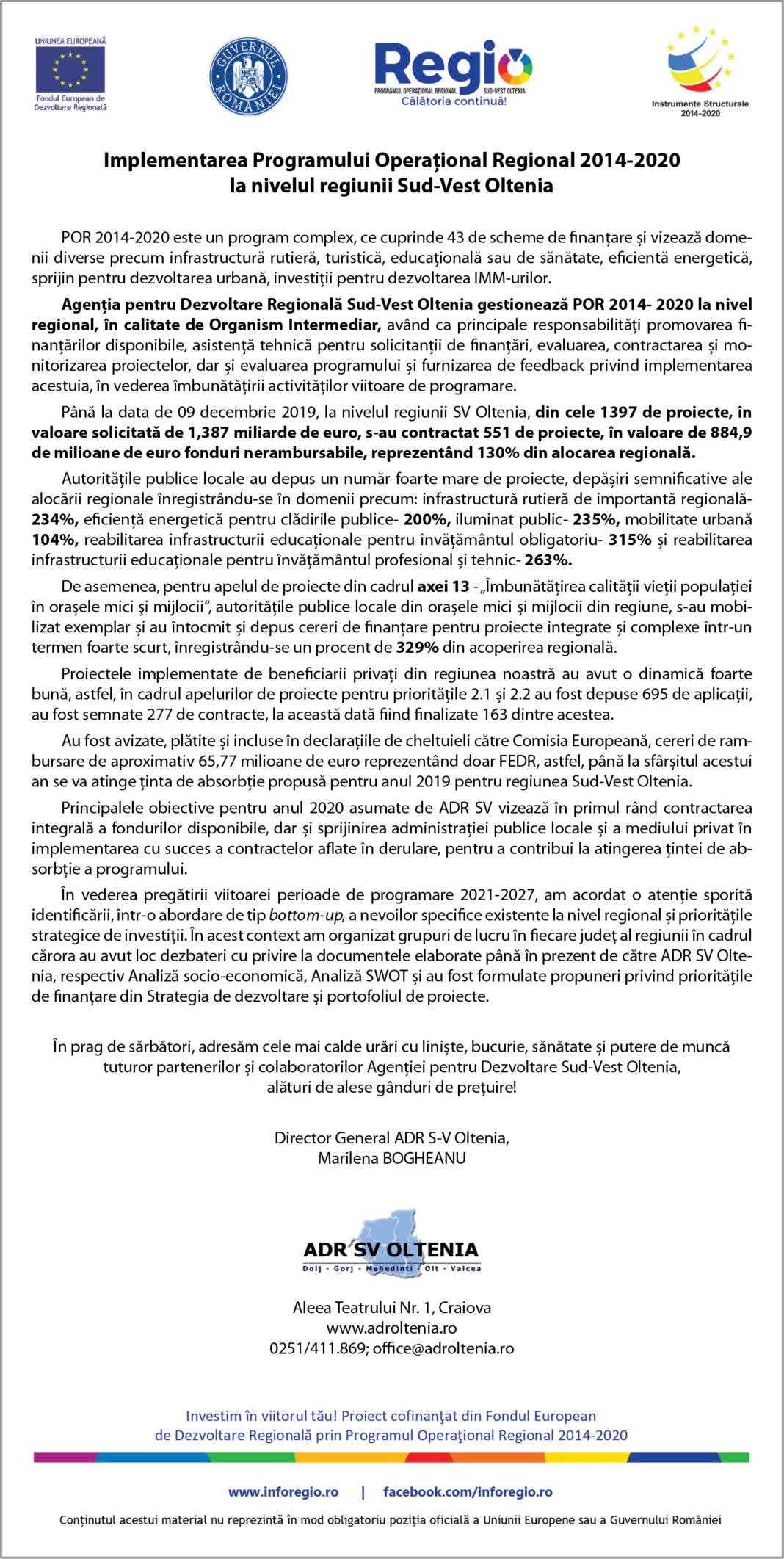 Implementarea Programului Operațional Regional 2014-2020la nivelul regiunii Sud-Vest Oltenia