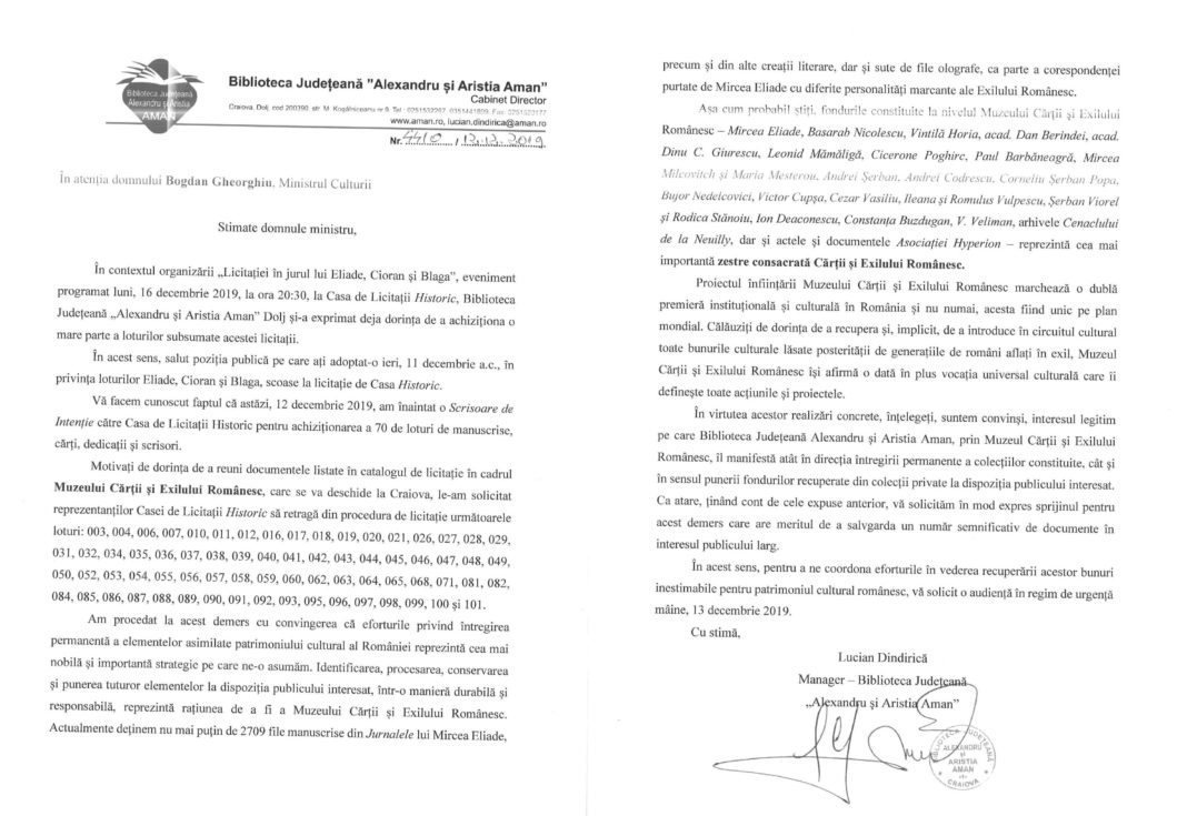 Biblioteca „Aman“ din Craiova vrea să cumpere manuscrisele Eliade