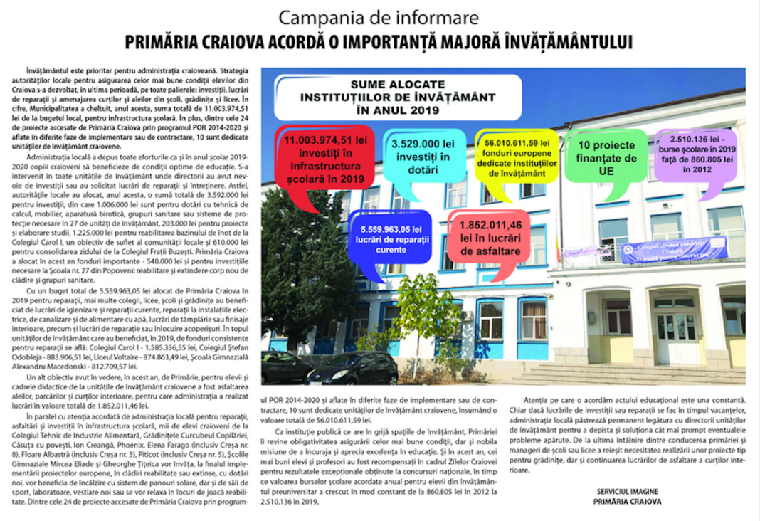 Primăria Craiova ACORDĂ O IMPORTANȚĂ MAJORĂ ÎNVĂȚĂMÂNTULUI