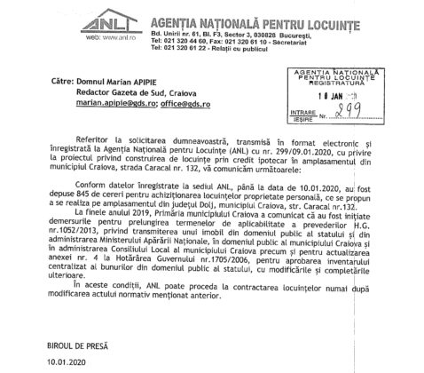 Răspunsul ANL la solicitarea GdS, transmis pe 10 ianuarie 2020