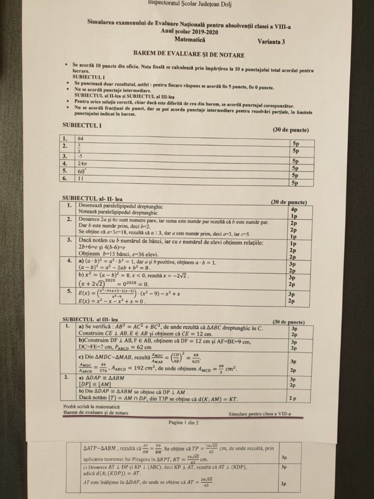 Subiectele şi soluţiile de la simularea Evaluării Naţionale la matematică 
