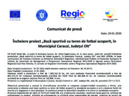 Încheiere proiect „Bază sportivă cu teren de fotbal acoperit, în Municipiul Caracal, Județul Olt”