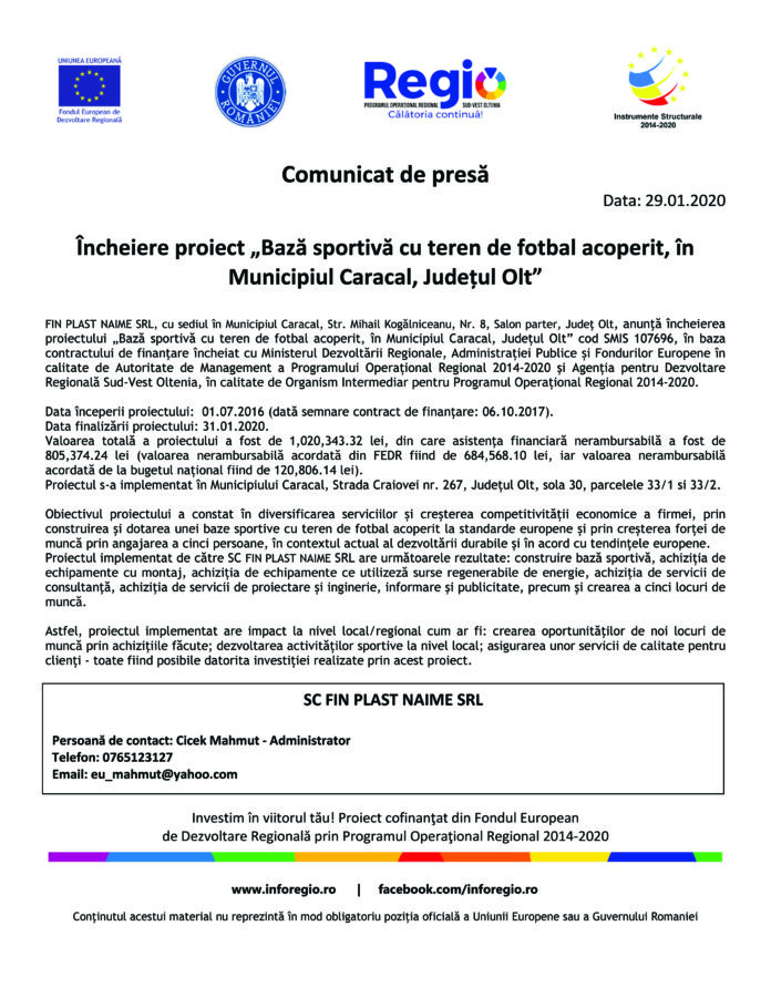Încheiere proiect „Bază sportivă cu teren de fotbal acoperit, în Municipiul Caracal, Județul Olt”