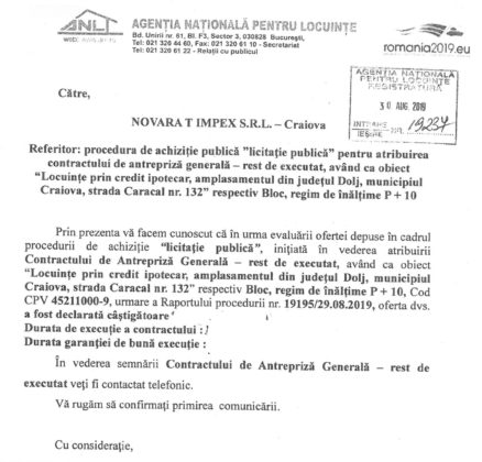 Răspunsul ANL trimis către Novara T Impex în data de 30 august 2019