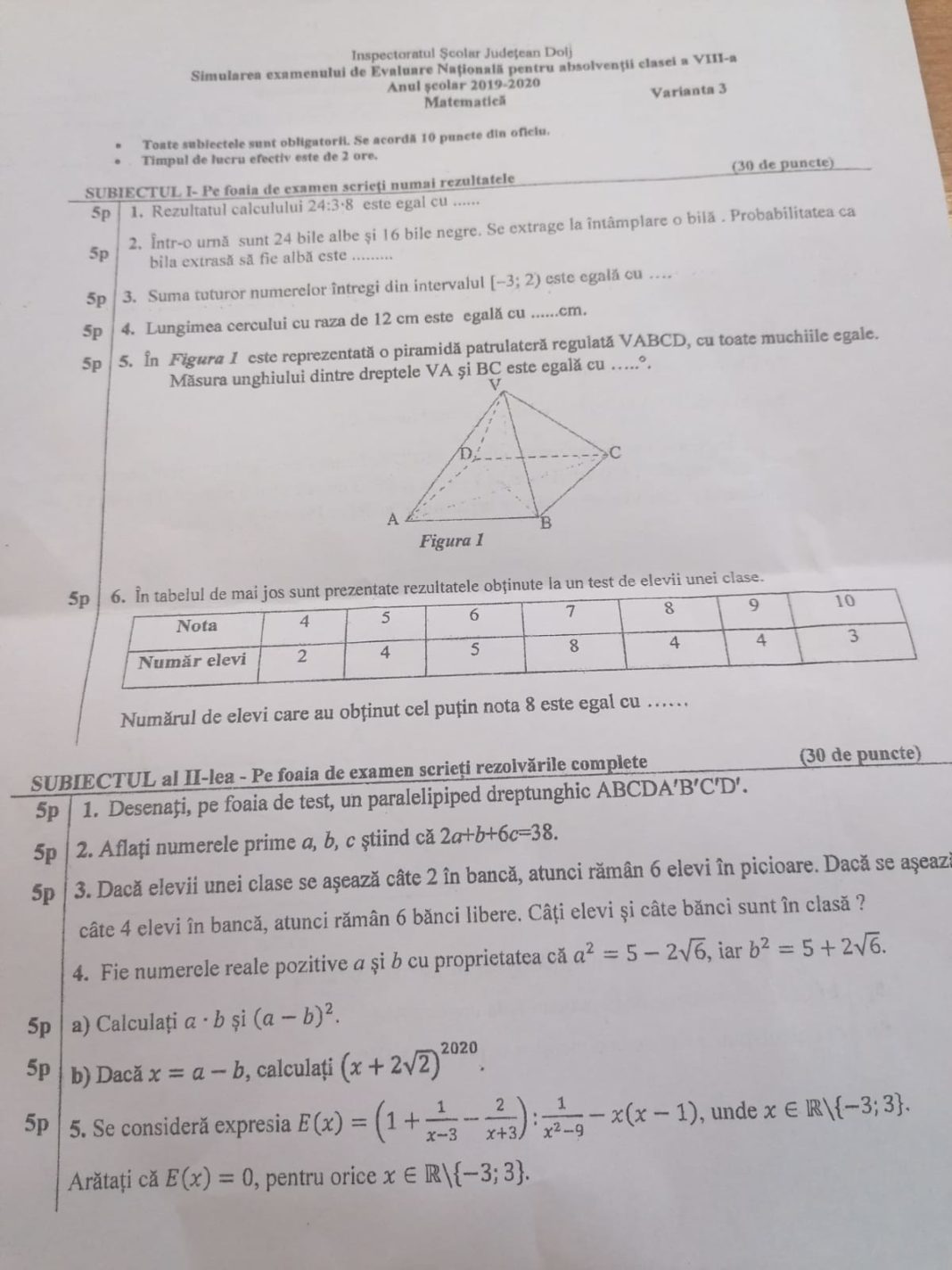 Subiectele şi soluţiile de la simularea Evaluării Naţionale la matematică