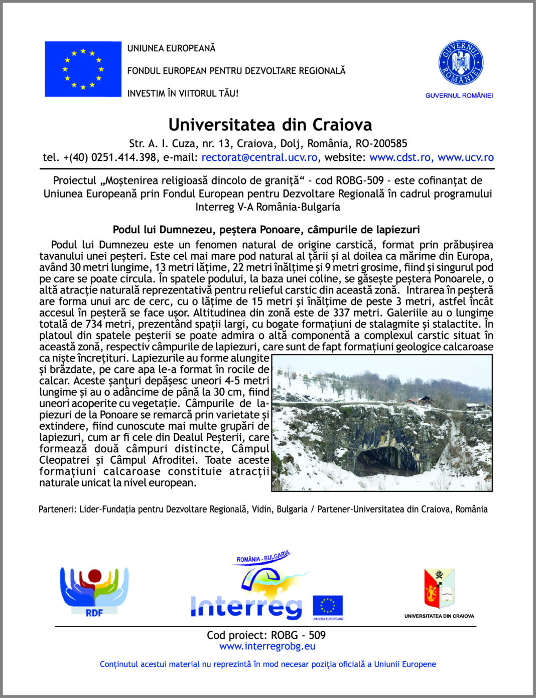 Podul lui Dumnezeu, pestera Ponoare, campurile de lapiezuri- obiectiv in cadrul proiectului ,,Mostenirea religioasă, dincolo de graniţă” – ROBG-509
