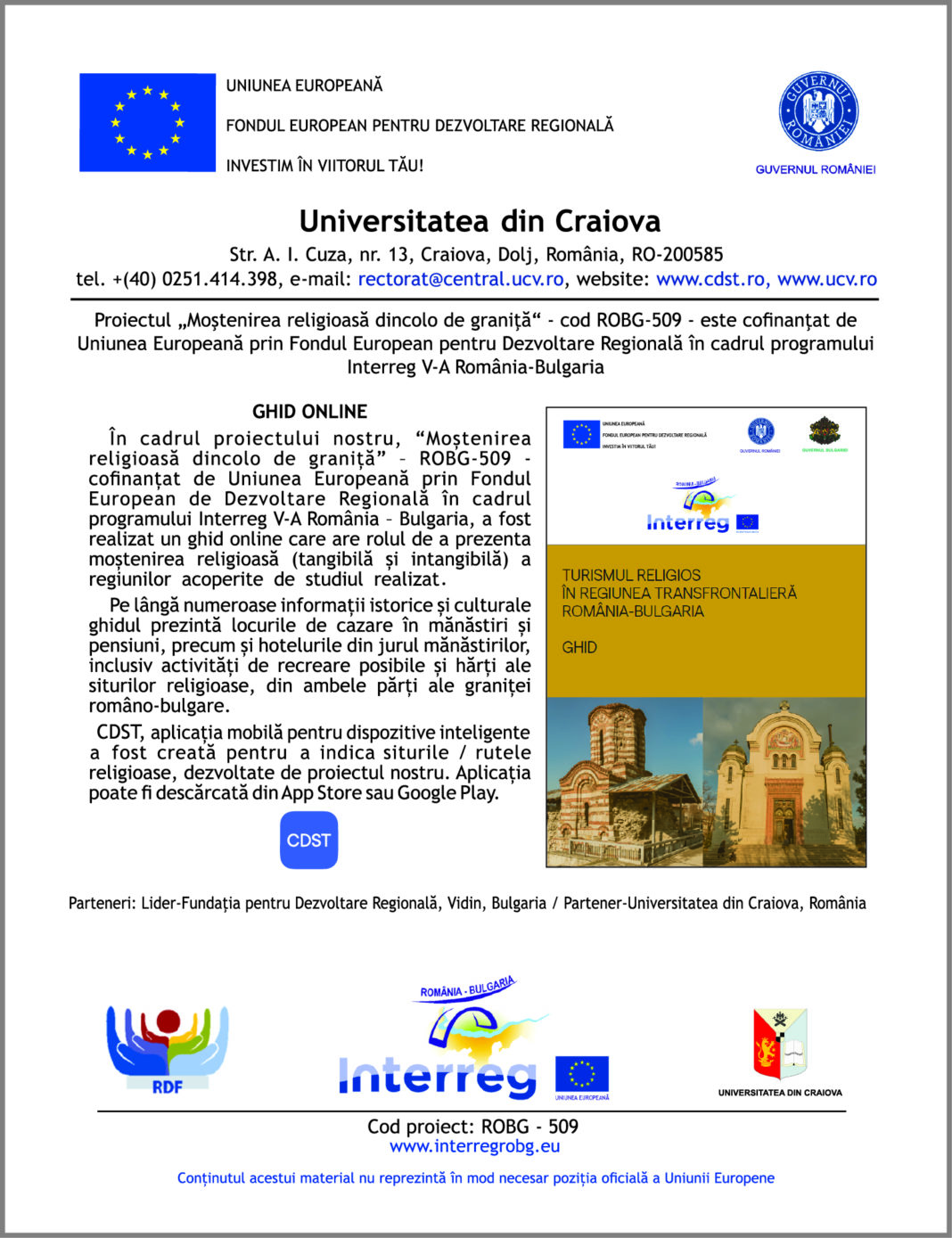 Ghidul online si aplicatia mobila- CDST-in cadrul proiectului ,, Mostenirea religioasă dincolo de graniță” – ROBG-509