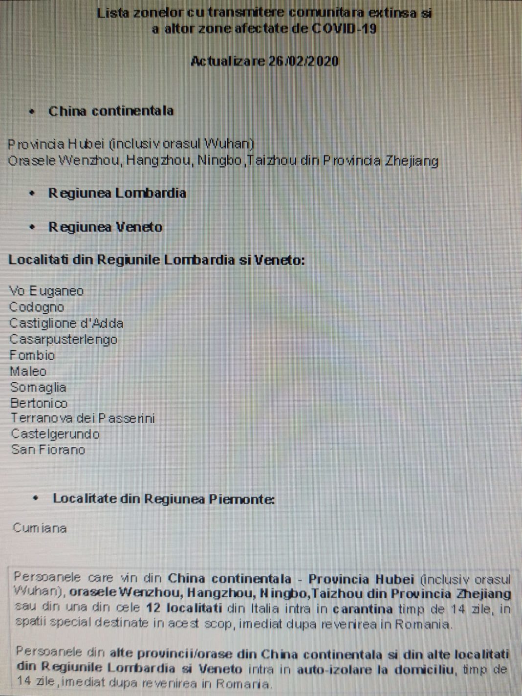 Toate pesoanele care se întorc din zonele infectate cu coronavirus vor intra în carantină. Vezi zonele infectate