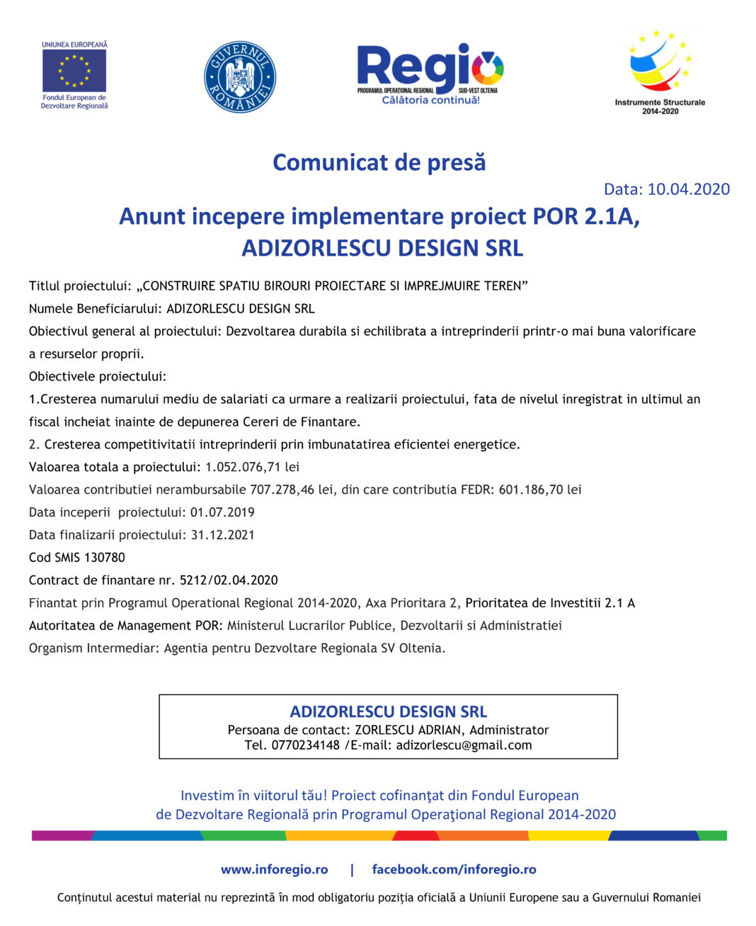 Anunt incepere implementare proiect POR 2.1A, ADIZORLESCU DESIGN SRL