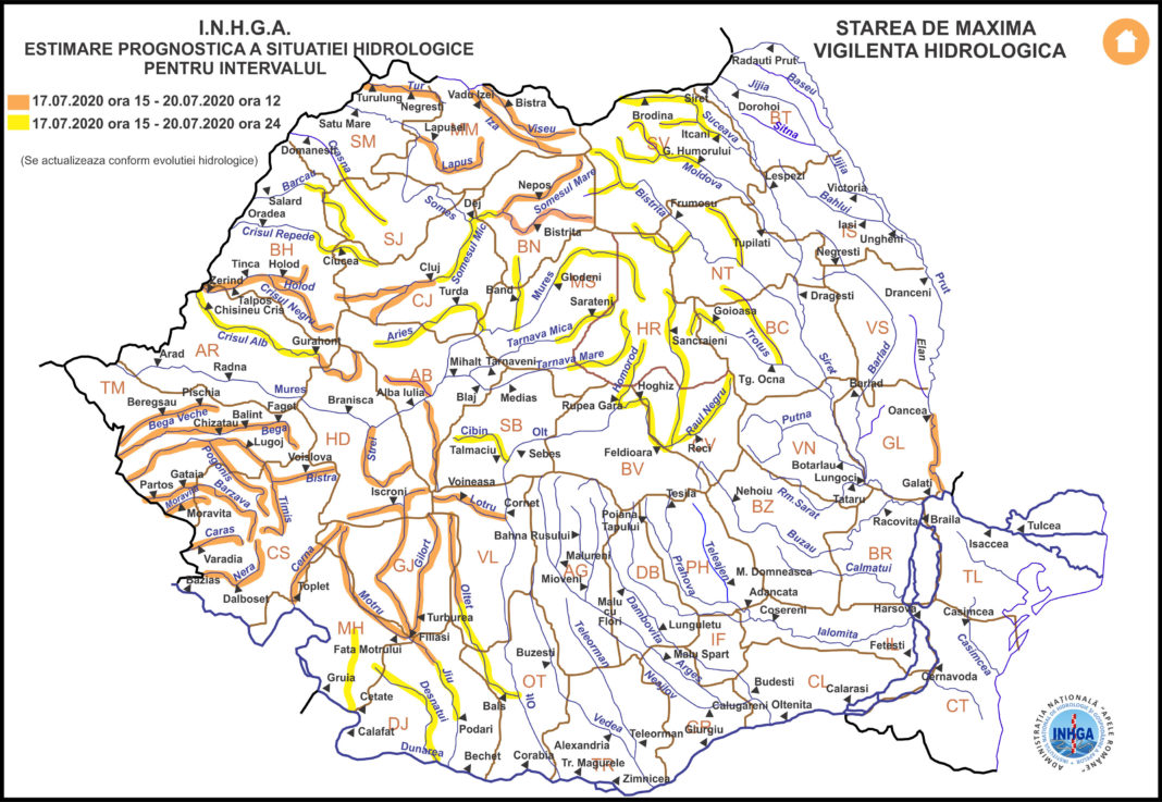 Institutul National de Hidrologie si Gospodarire a Apelor a emis mai multe coduri de avertizare de inundații pentru bazine hidorgrafice din țară