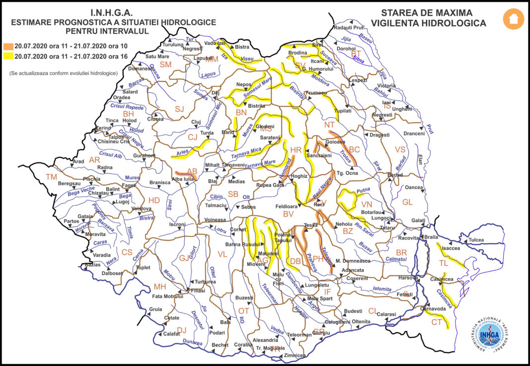 INHGA a emis avertizări cod galben pentru râuri din 21 de județe și cod portocaliu de inundații pentru râuri din alte nouă județe din țară