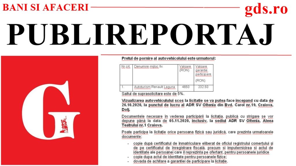 ADR SV Oltenia vinde prin licitaţie publică bunuri scoase din funcţiune