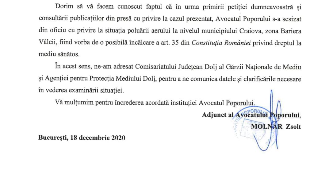 Avocatul Poporului s-a sesizat cu privire la poluarea din Craiova: posibilă încălcare a unui drept constituțional