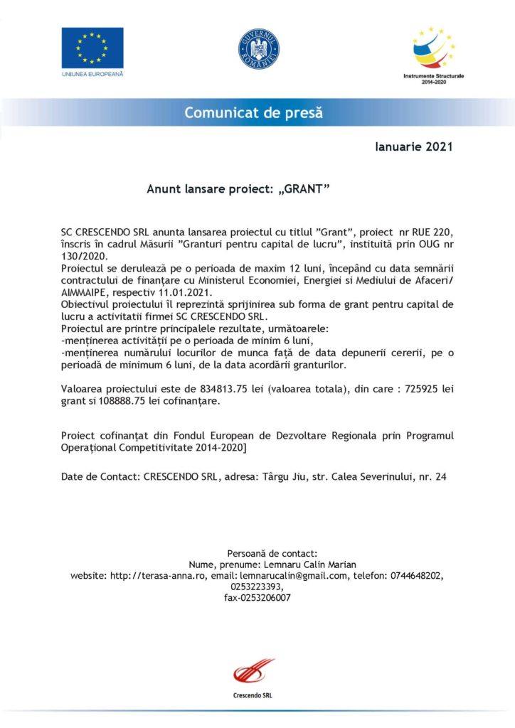 Anunț lansare proiect: „GRANT”