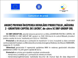 ANUNȚ PRIVIND ÎNCEPEREA DERULĂRII PROIECTULUI ,,MASURA 2 -GRANTURI CAPITAL DE LUCRU”, de către SC DBF GROUP SRL