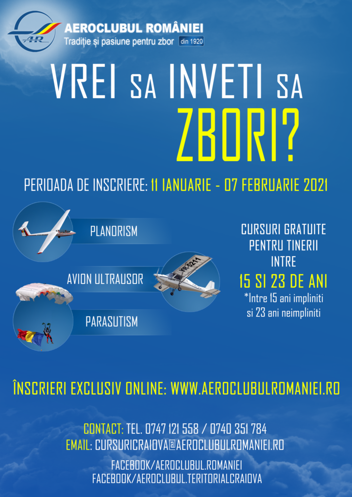 Cursuri pentru obţinerea licenţelor de parașutist, pilot planor, pilot avion ultrausor