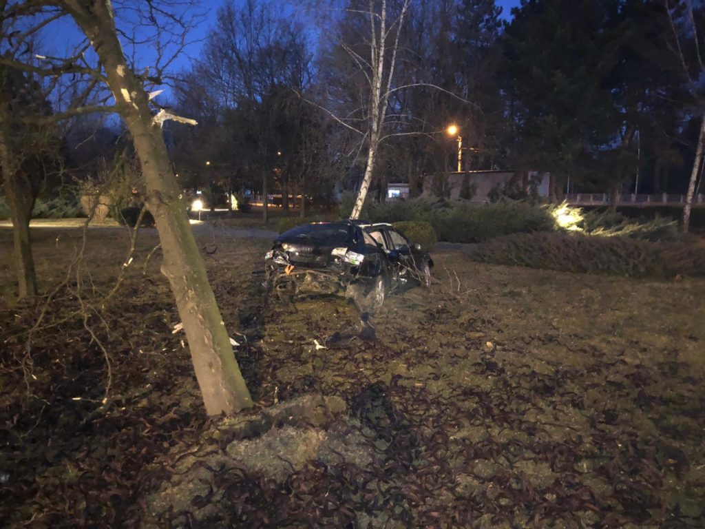 A fugit de poliție și a intrat cu mașina într-un copac din parcul din Tîrgu Jiu