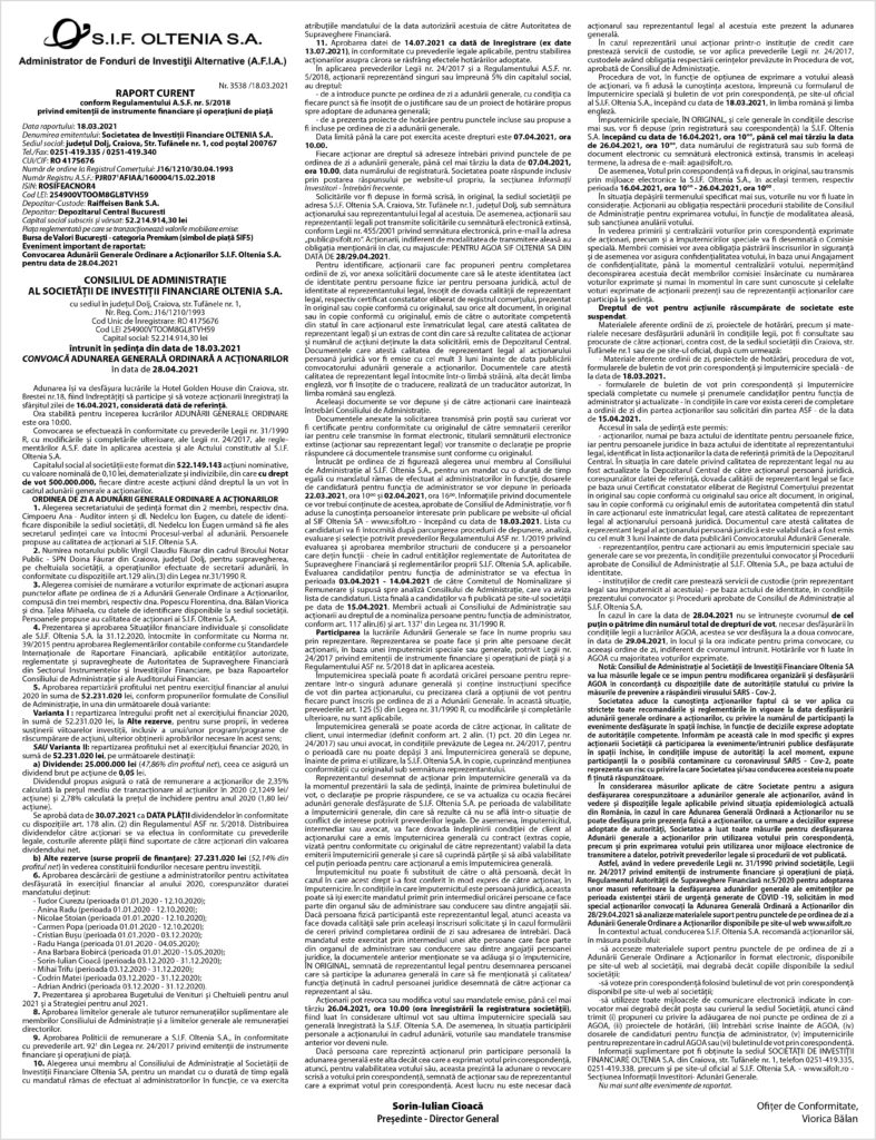 Convocarea Adunării Generale Ordinare a Acționarilor S.I.F. Oltenia S.A. pentru data de 28.04.2021