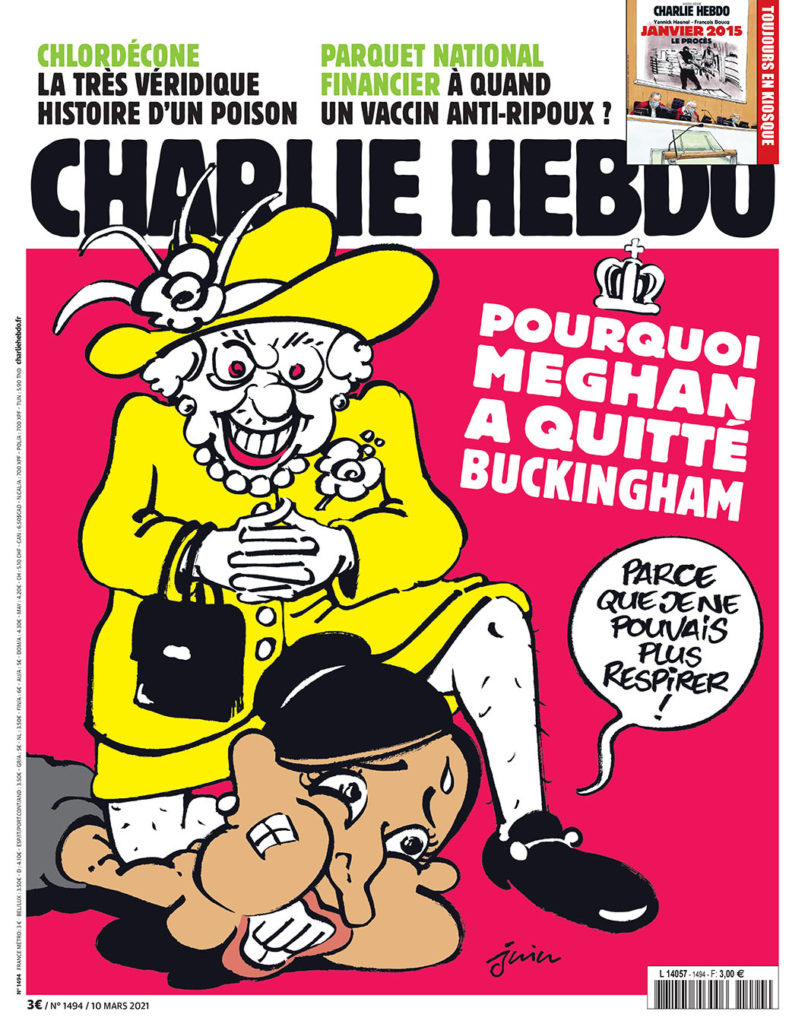 Charlie Hebdo: Caricatură a Reginei Angliei cu genunchiul pe gâtul lui Meghan Markle, aluzie la George Floyd